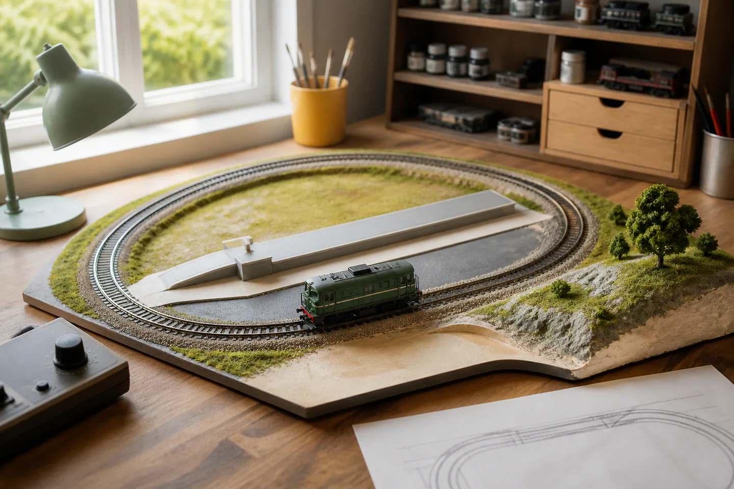 Compact tabletop model railway oval with one locomotive, controller, station platform and a small unfinished scenery area