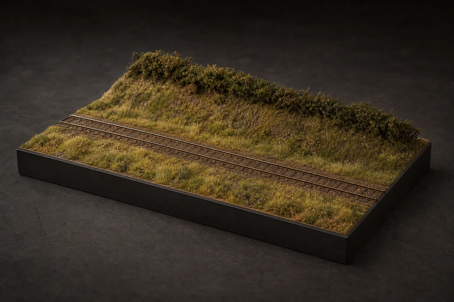 Small model railway diorama with a short track, earth bank, layered grass and a hedgerow on a removable board