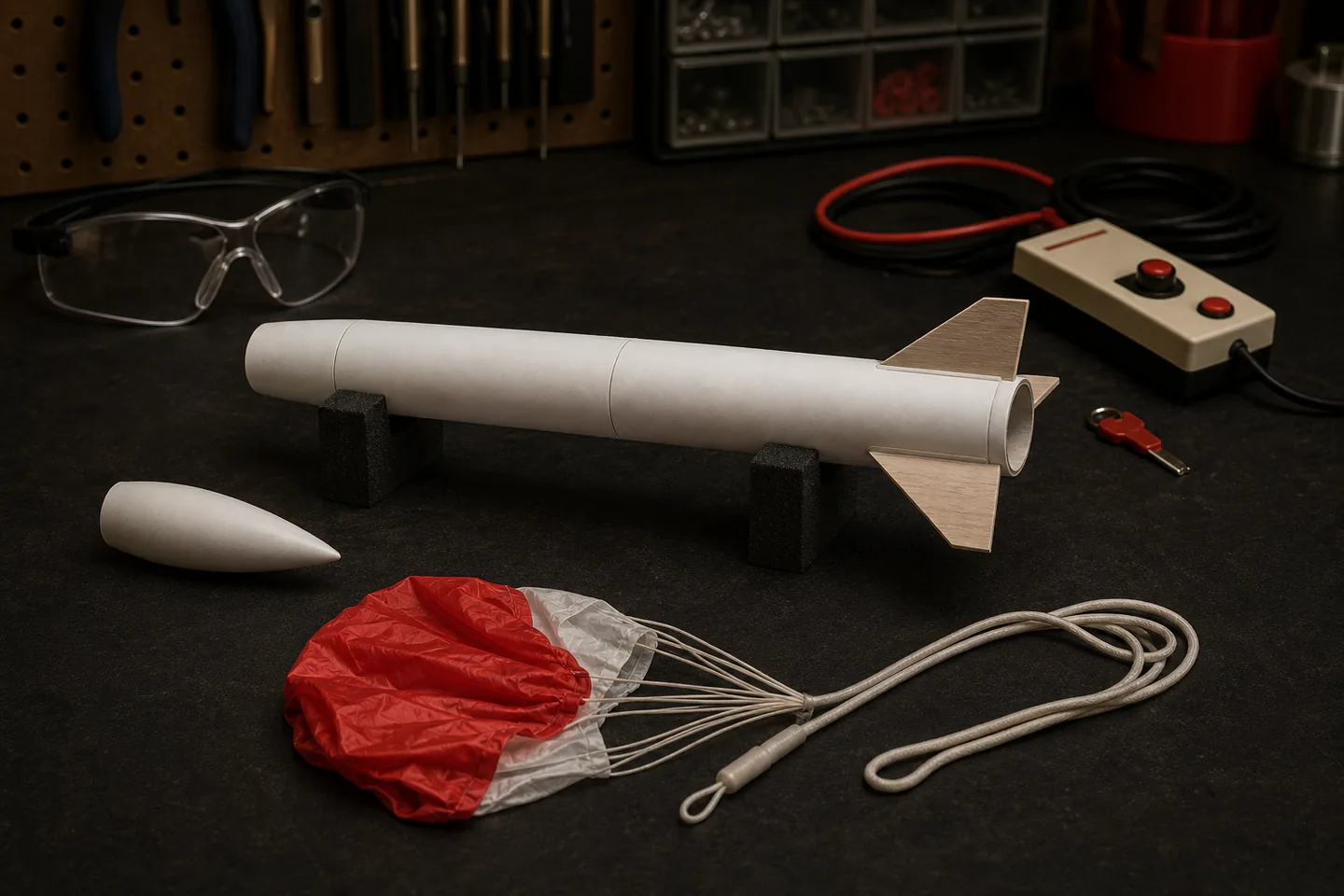 Small finished model rocket beside a launch pad, controller, recovery wadding and simple bench tools in an open field with no fire, hands or text