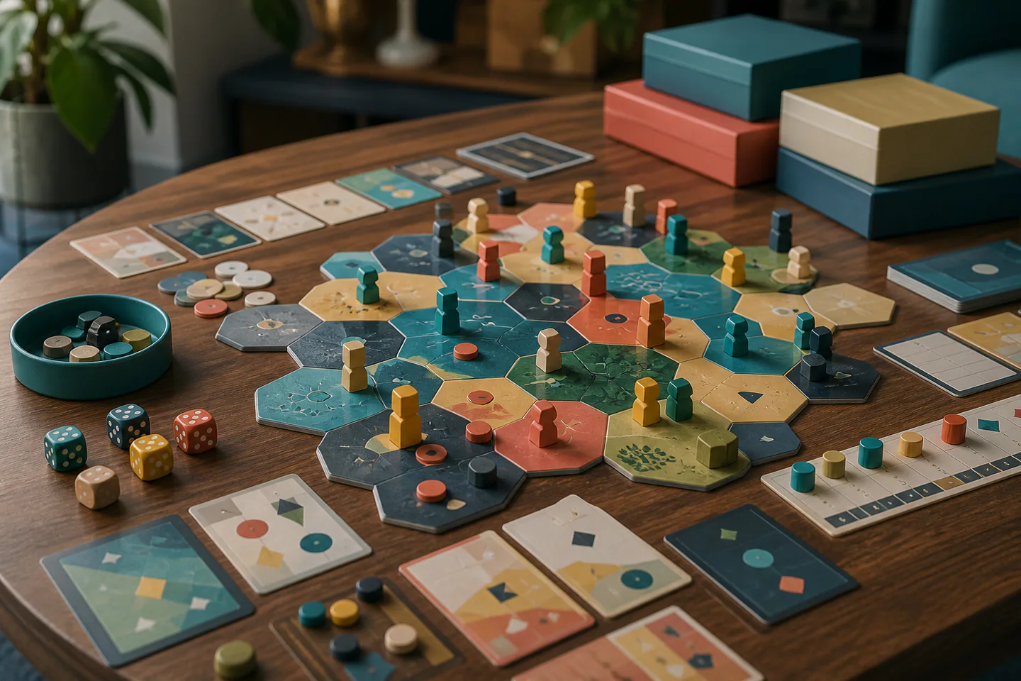 Original abstract modular board game set up with colourful wooden pawns, symbol cards, dice and tokens beside unbranded game boxes