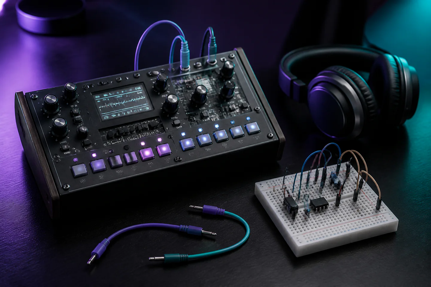 A compact desktop synthesizer kit beside a small breadboard oscillator, patch cables and headphones on a tidy dark electronics desk, no people, text or logos