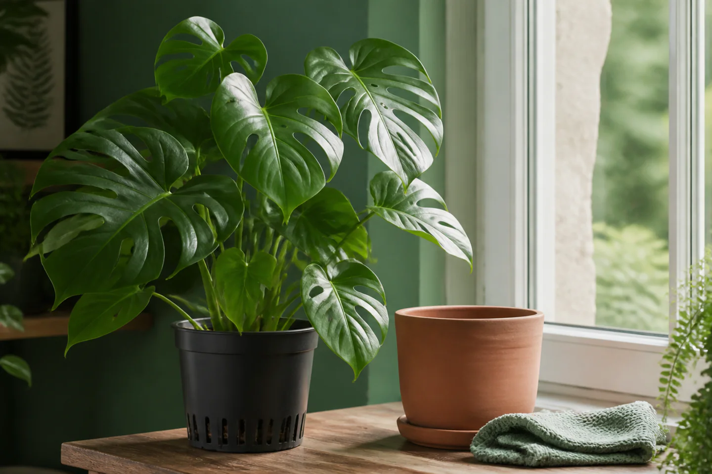 Healthy Monstera deliciosa beside a bright window in a draining nursery pot with an empty cover pot and cloth
