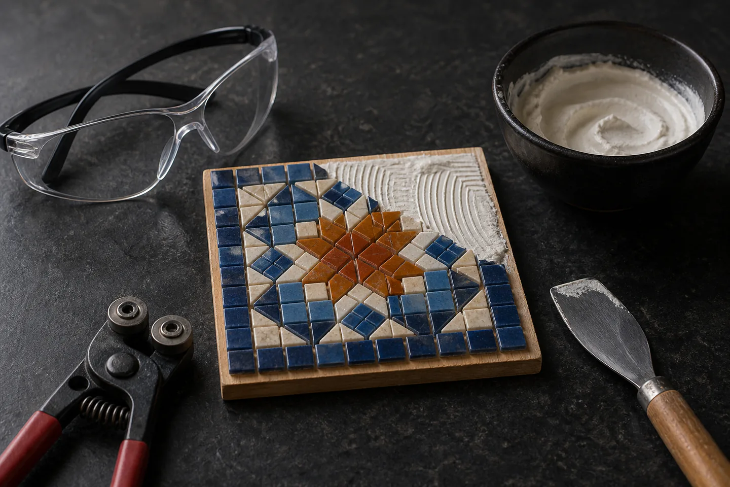 Small geometric mosaic coaster in progress beside ceramic tesserae, tile nippers, adhesive spreader and safety glasses with no hands or text