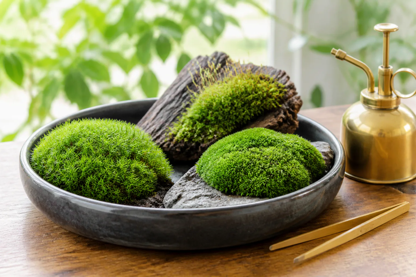 A shallow dark ceramic tray planted with several textures of living green moss beside a fine mister and bamboo tweezers in soft window light, no hands, text or logos