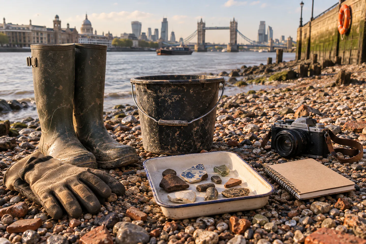 A carefully arranged beginner mudlarking workspace showing the core materials, tools and one small finished example