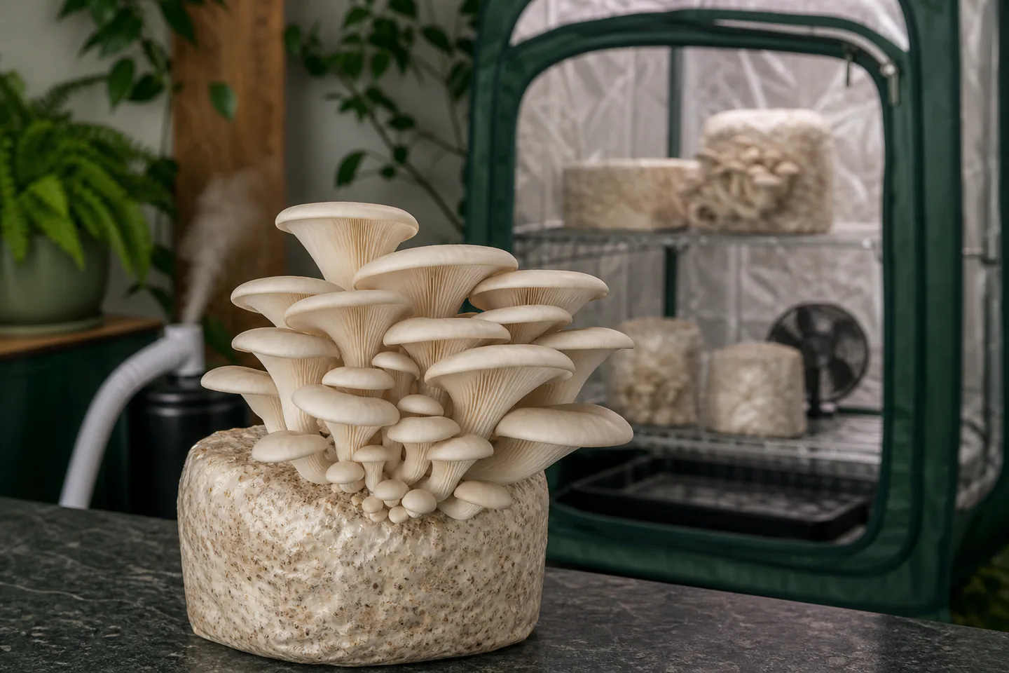 A flush of oyster mushrooms growing from a countertop fruiting block, with a small clear shelving tent softly visible in the background