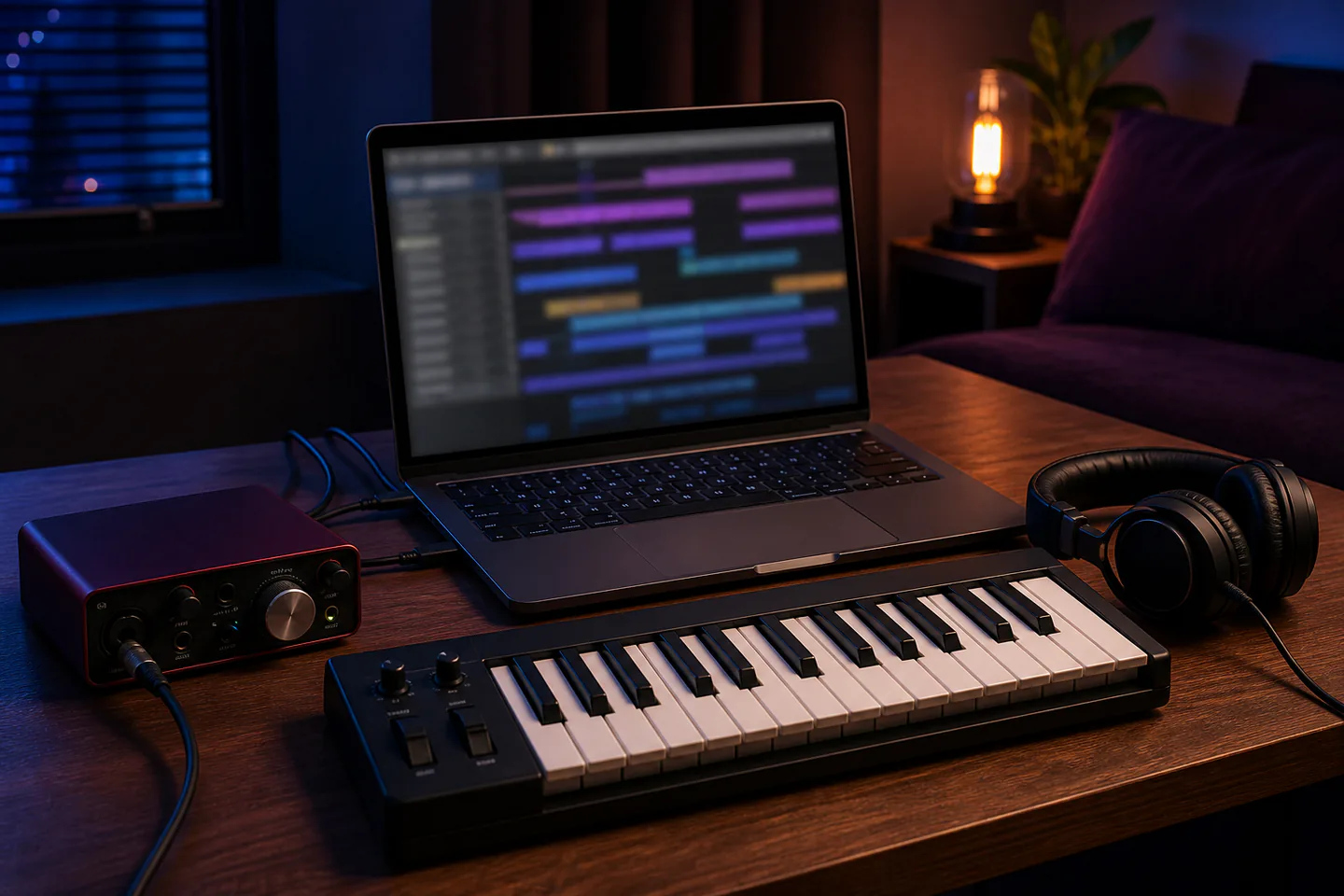 Laptop showing a generic multitrack music arrangement beside compact MIDI keyboard, wired studio headphones and small audio interface on a tidy dark desk with no logos, people or readable text