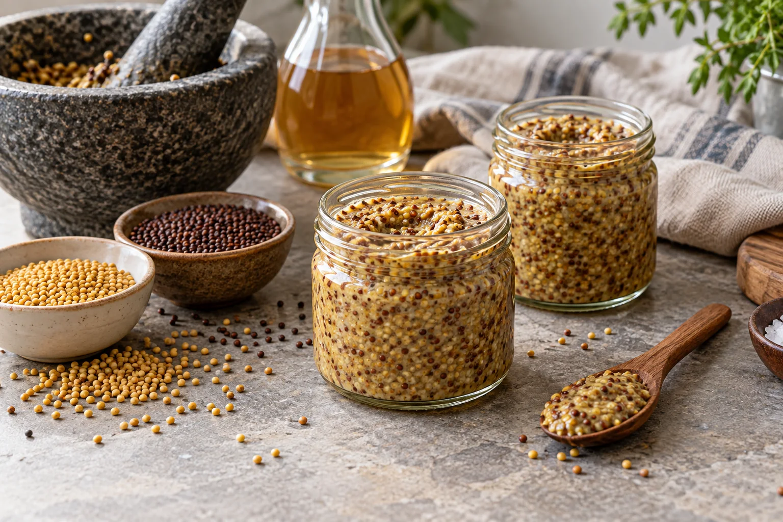 Two small jars of coarse wholegrain mustard beside mustard seeds, vinegar and a mortar on a clean kitchen worktop