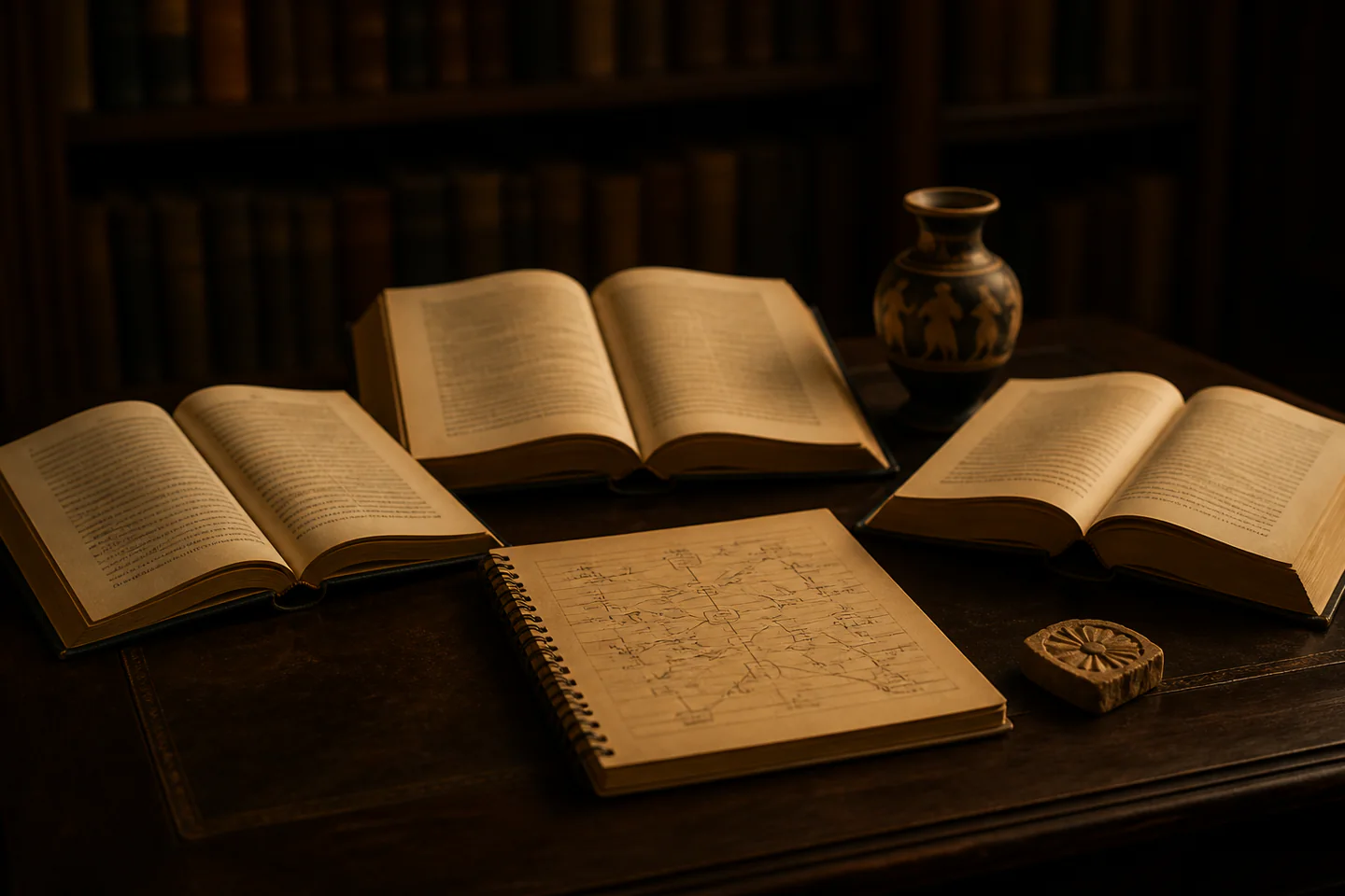 Three open mythology reference books with a notebook containing a simple source map, classical vase and carved motif nearby on a dark library table, no people, readable text or logos