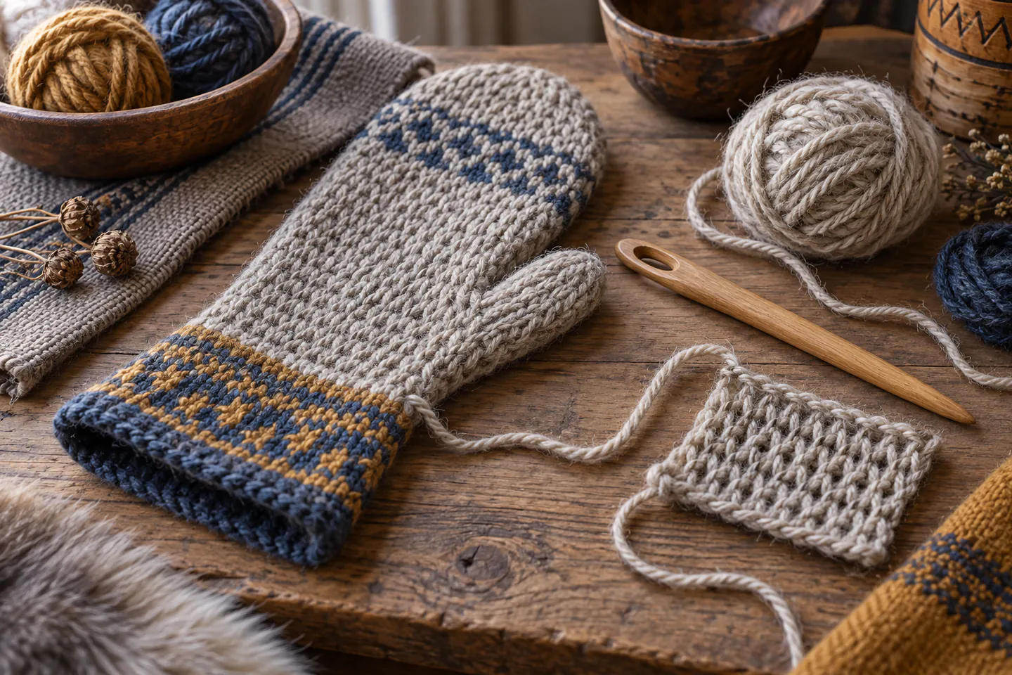 A wooden nalbinding needle beside a wool looped-fabric swatch, short yarn lengths and a partly finished mitten on a warm craft table