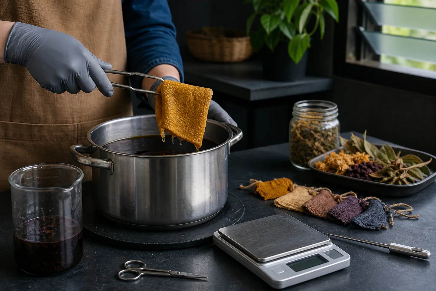 Gloved hands lifting a small golden textile sample from a labelled stainless dye pot beside plant dye material and measuring spoons