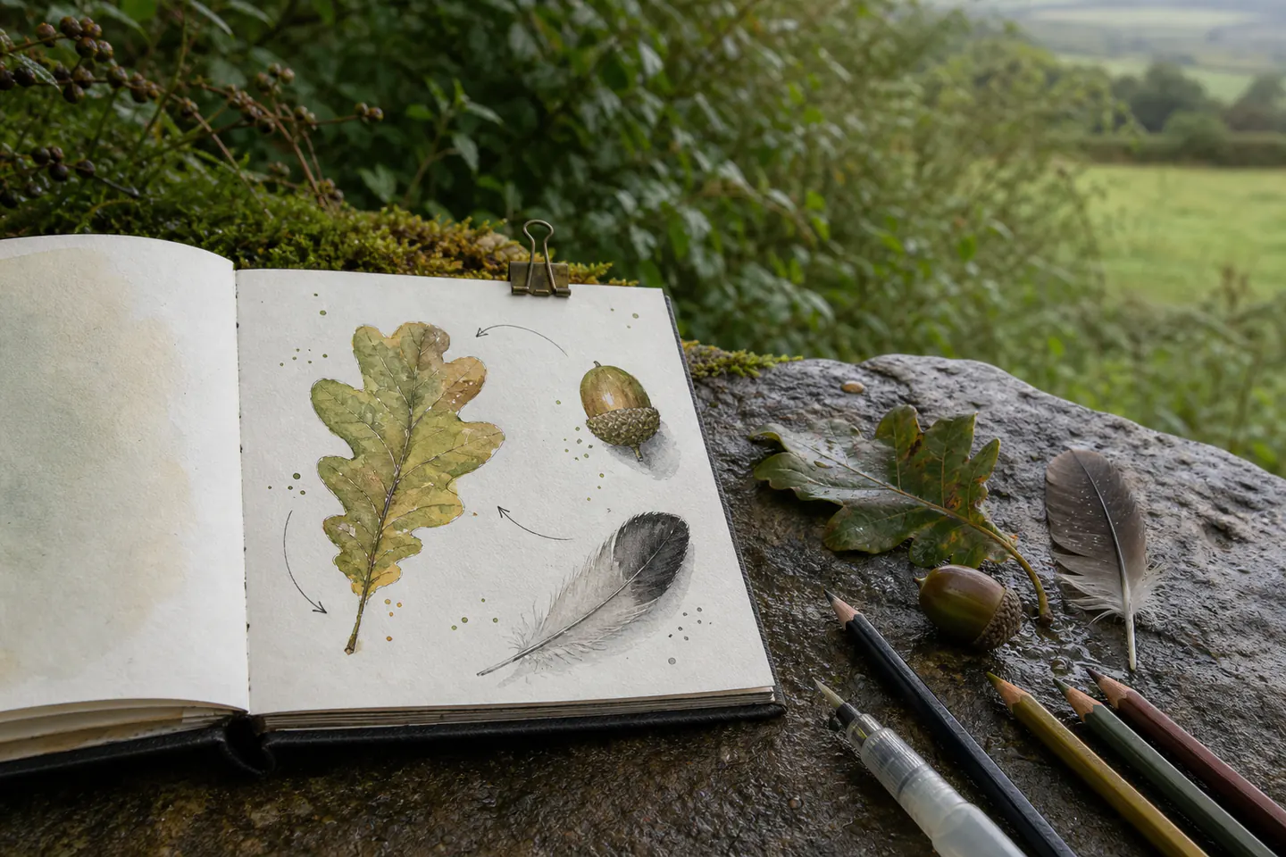 An open nature sketchbook with watercolour studies of an oak leaf, acorn and feather beside real specimens