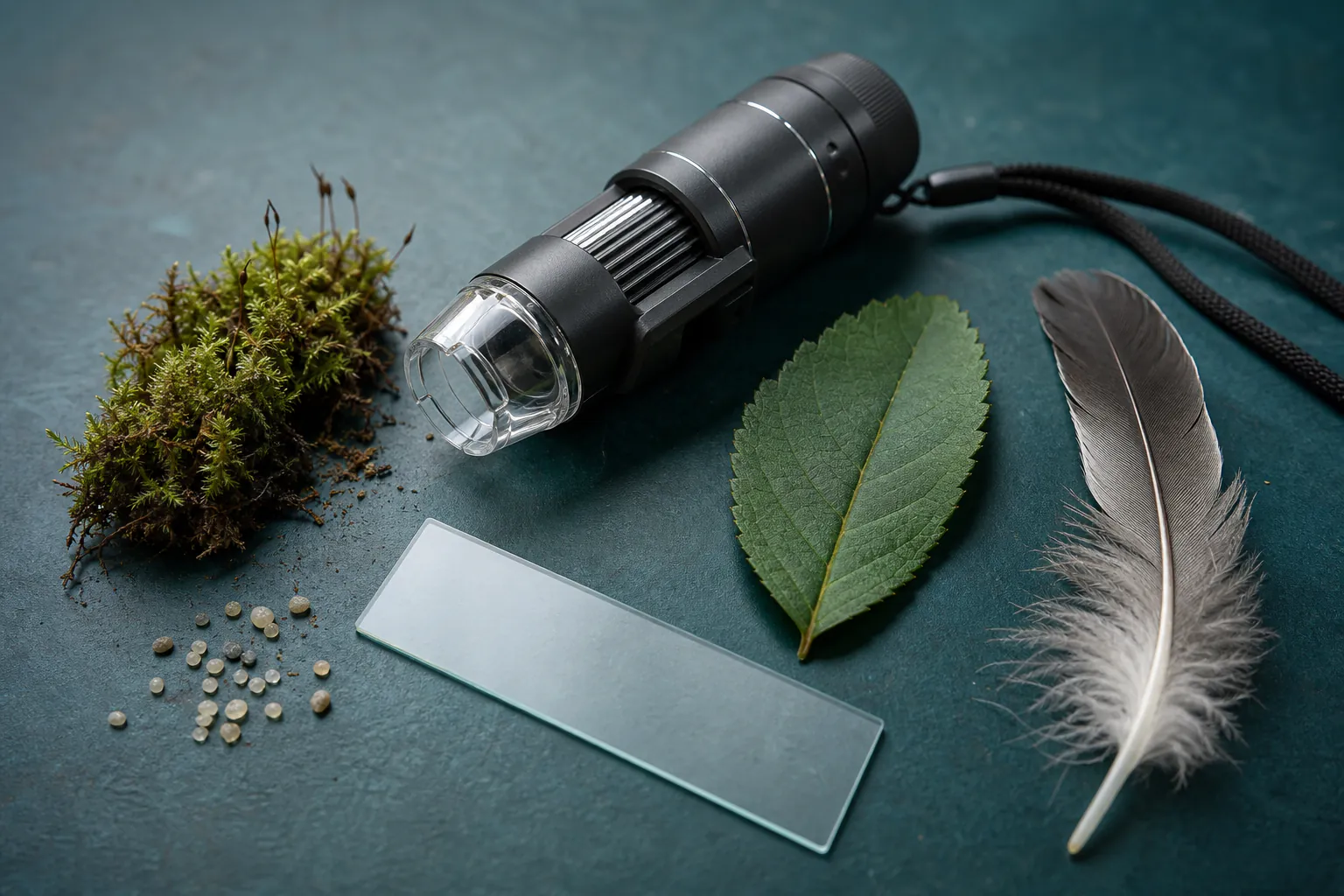 Pocket microscope beside a moss sample, leaf, feather and prepared glass slide under a small pool of light