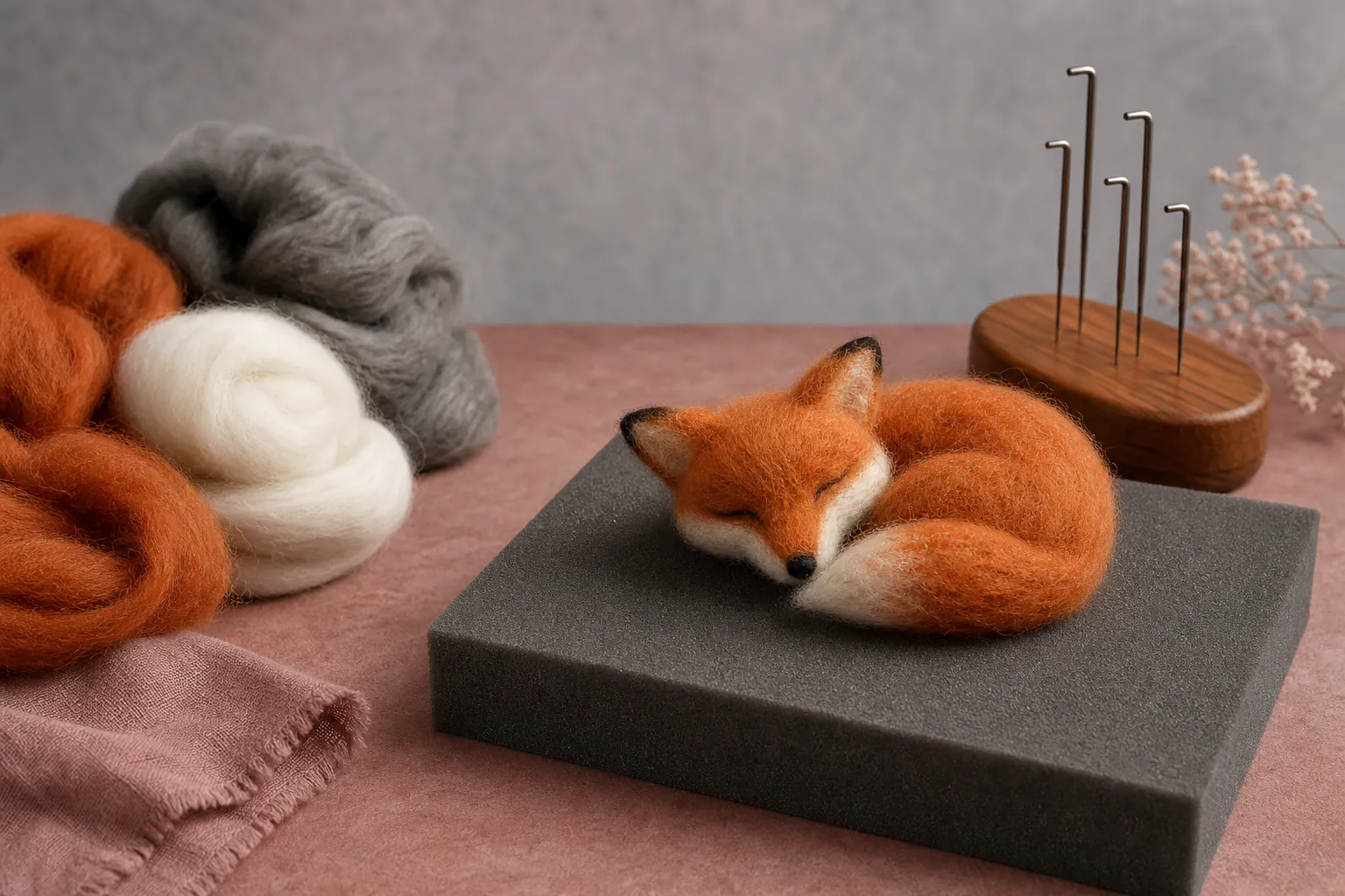 Small needle-felted sleeping fox beside loose wool, felting needles in a holder and a firm work mat with no hands or text