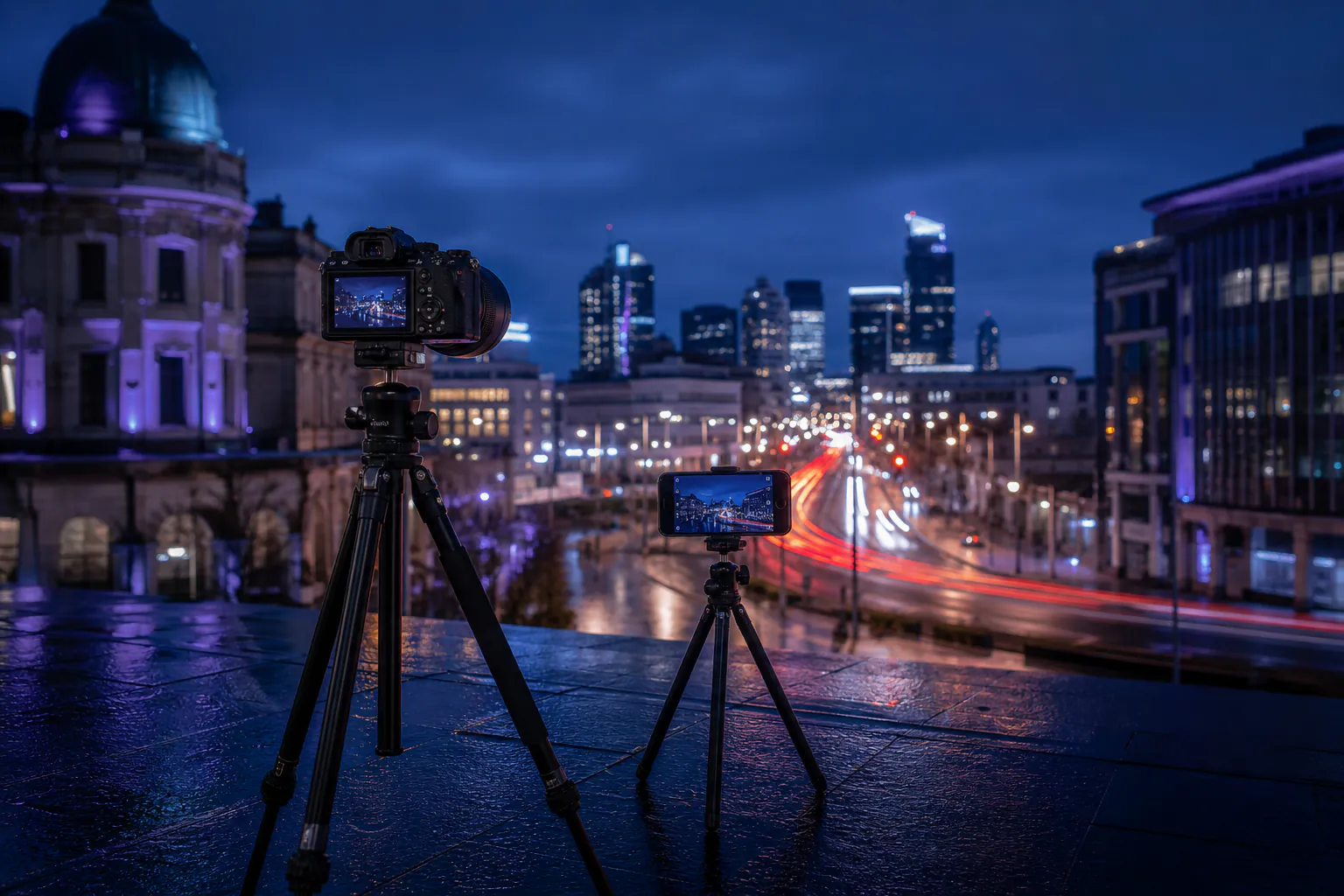 Camera and smartphone on compact tripods overlooking a rain-lit city street at blue hour with no people or text