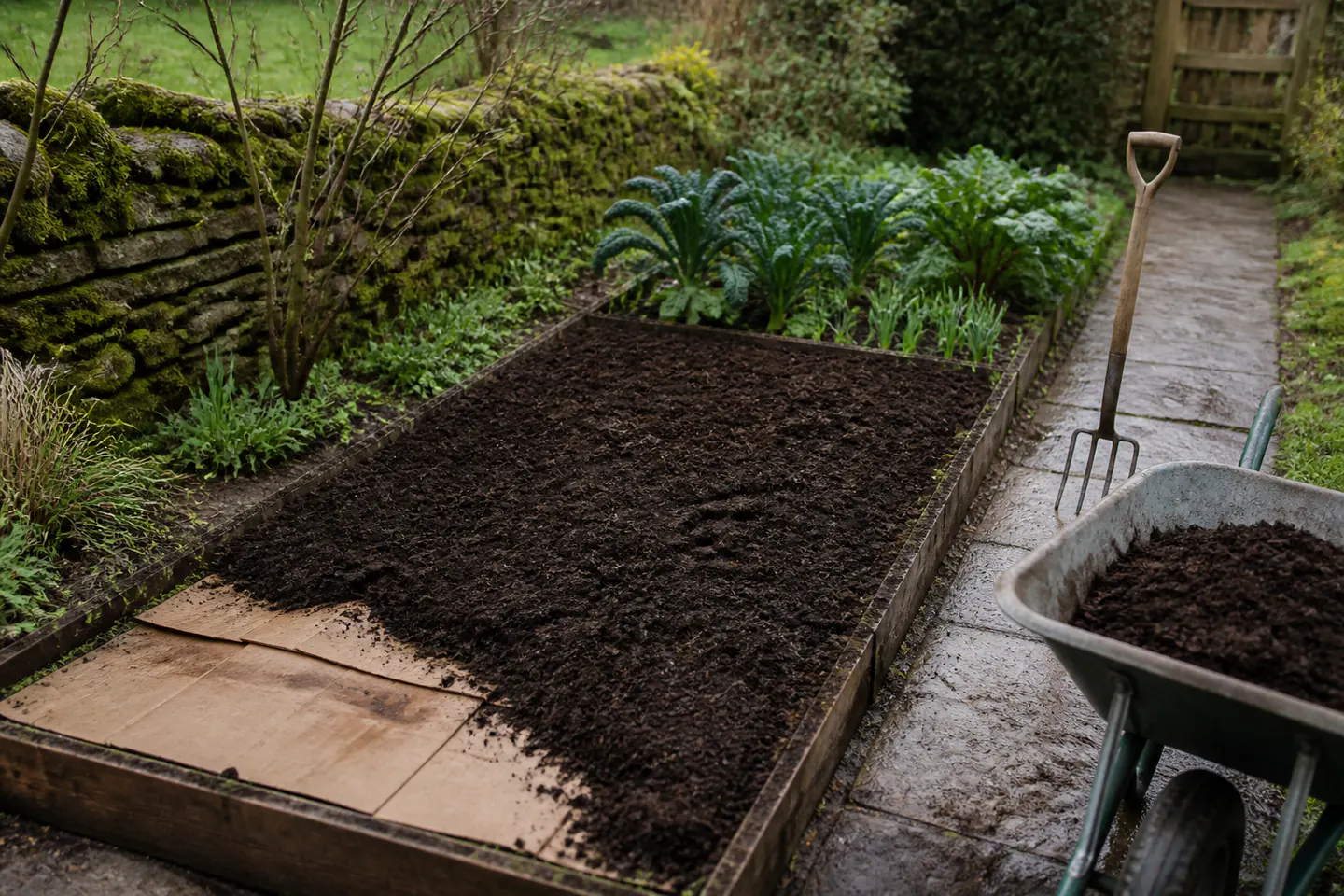 Neat no-dig vegetable bed topped with dark compost, cardboard visible at one edge, planted salads and brassicas beside hand trowel and compost fork with no people or text