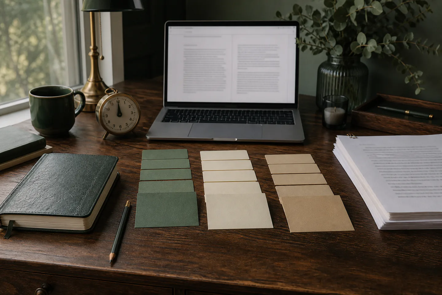 Writing desk with a laptop showing an unreadable manuscript, colour-coded index cards, thick notebook, pencil, timer and draft pages