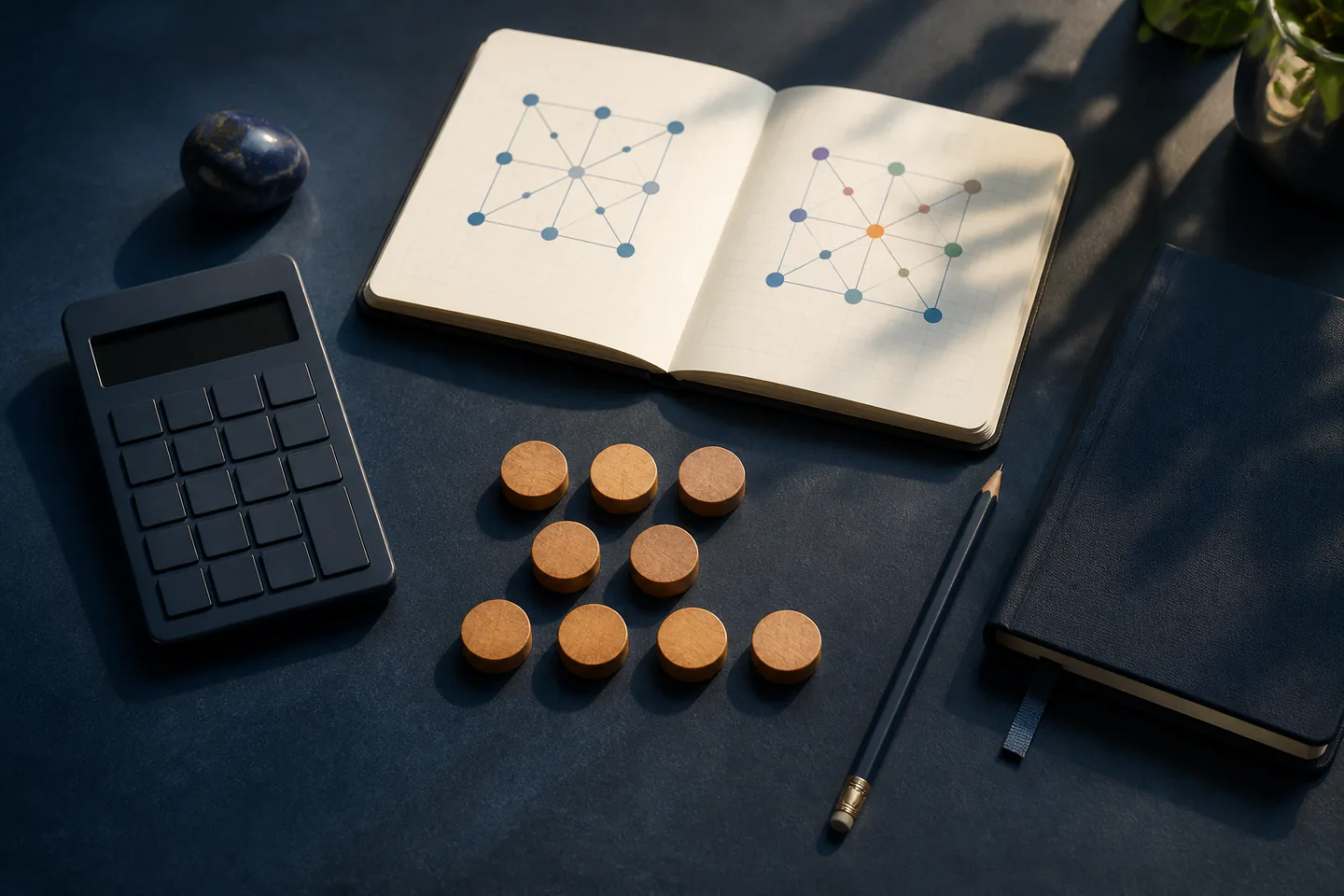 Nine unnumbered counting tokens beside a blank calculator, notebook grids of coloured dots, pencil, closed journal and polished stone
