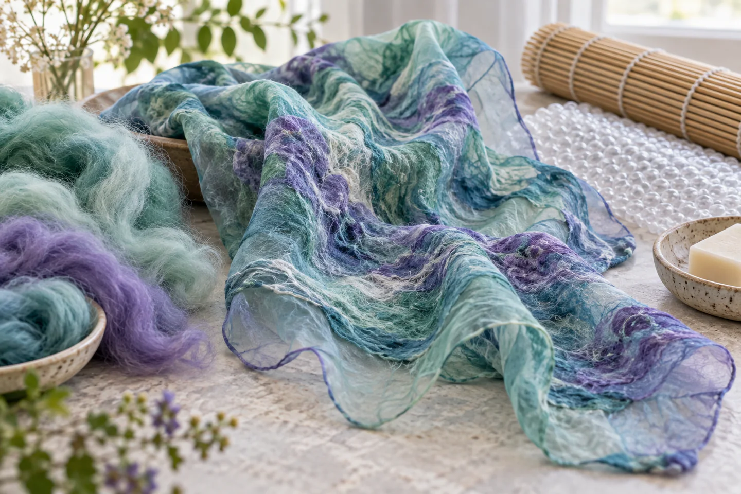 A translucent silk sample with fine merino felted through it beside wool wisps, bubble mat, bamboo roll and soap dish