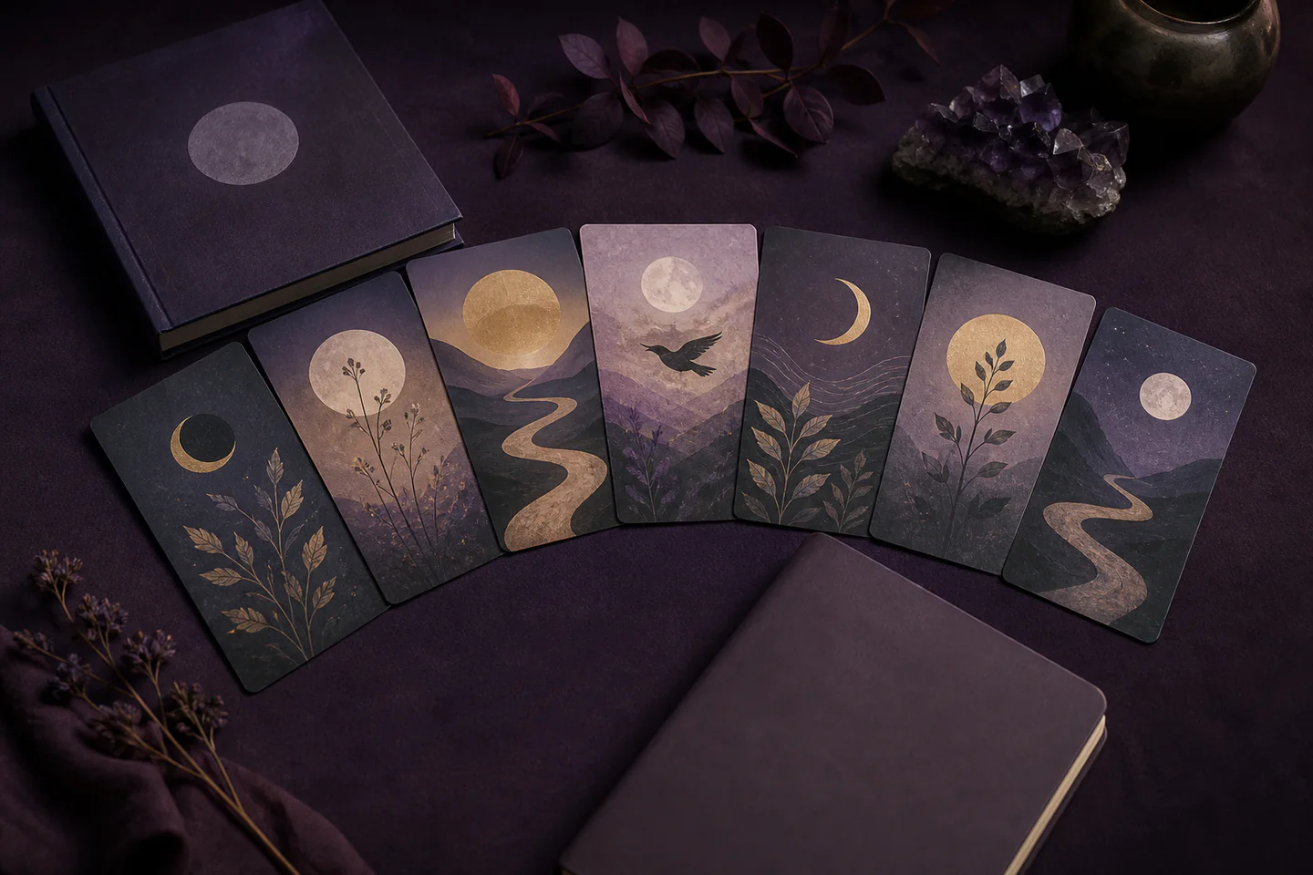 A small fan of original symbolic oracle-style cards beside a closed guidebook and blank journal on a dark violet table, no readable text, people or logos