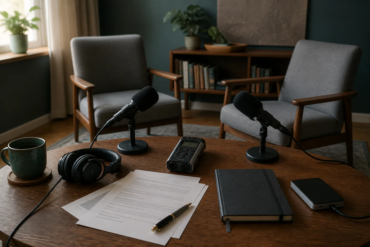 Two empty interview chairs beside a recorder, microphones, headphones, unreadable consent forms, archival drive and closed notebook