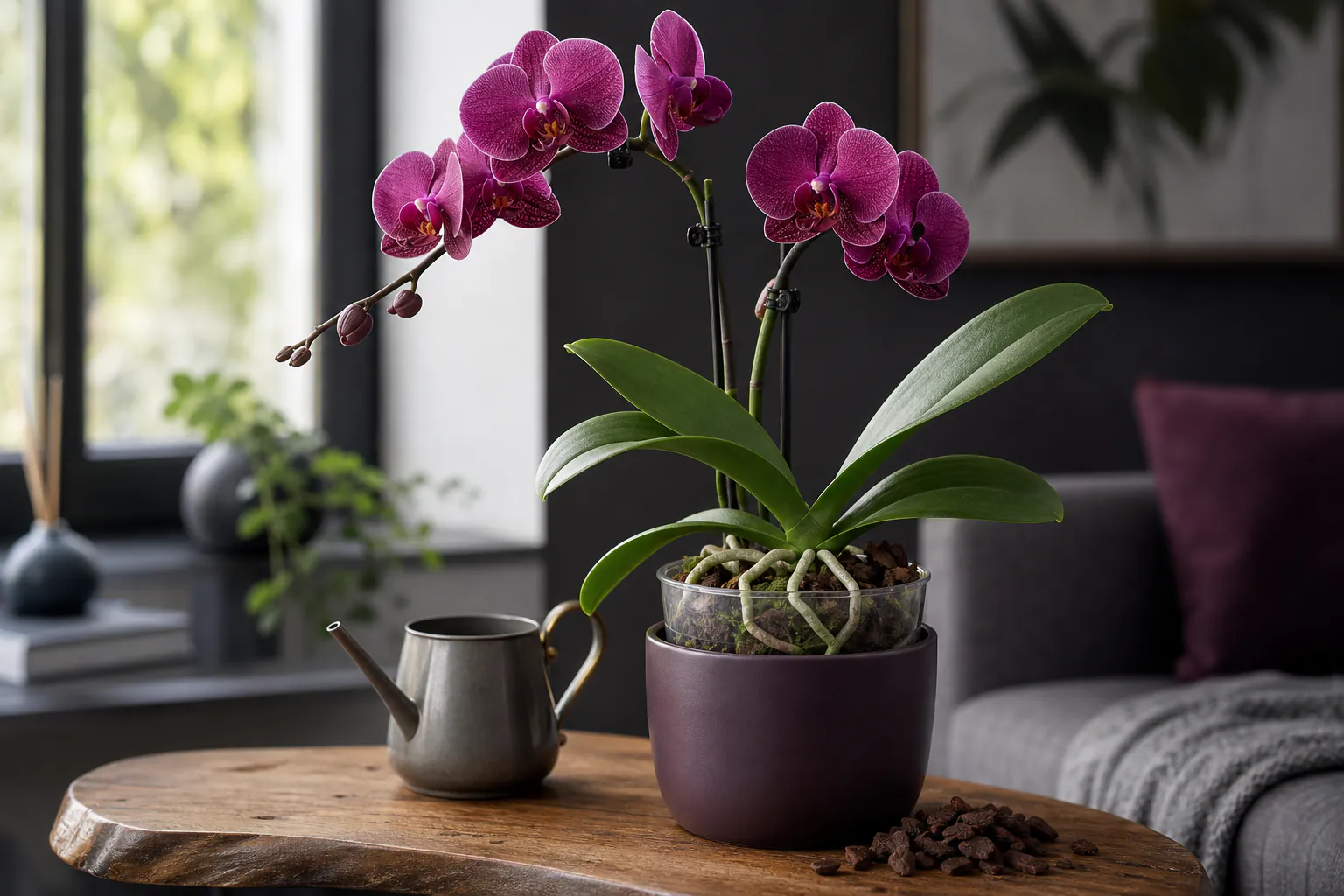 Healthy Phalaenopsis orchid in a clear slotted inner pot showing green and silver roots beside chunky bark