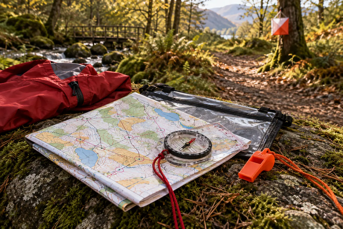 A carefully arranged beginner orienteering workspace showing the core materials, tools and one small finished example