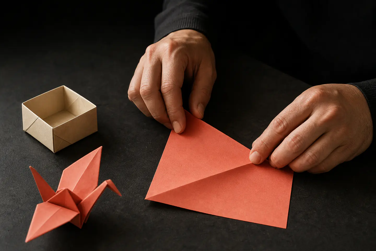 Hands making a crisp diagonal fold in a coral square of paper beside two completed geometric origami forms on a dark table