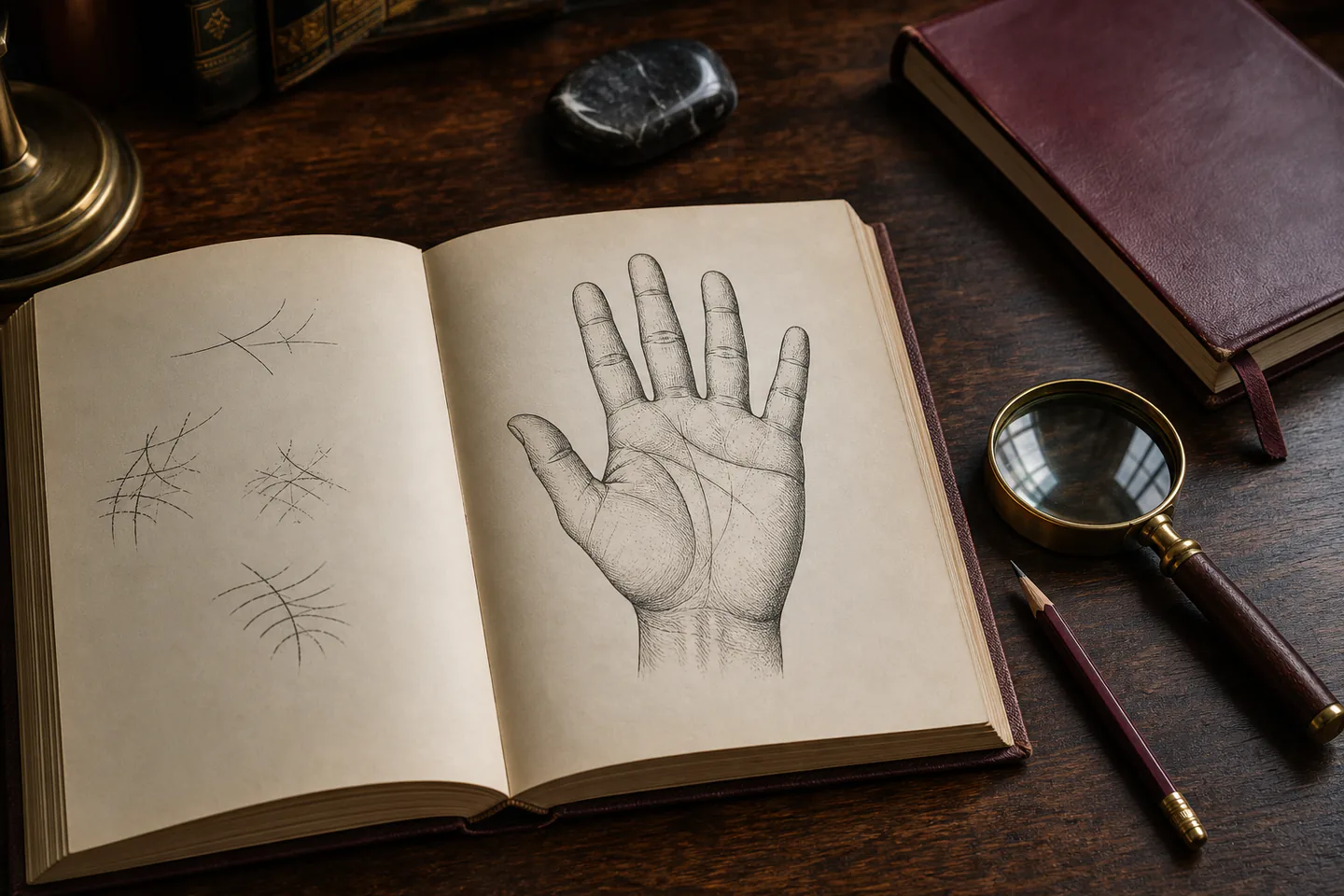Open reference book showing an ink drawing of a palm and natural crease lines beside a brass magnifier, pencil, closed burgundy notebook and polished stone