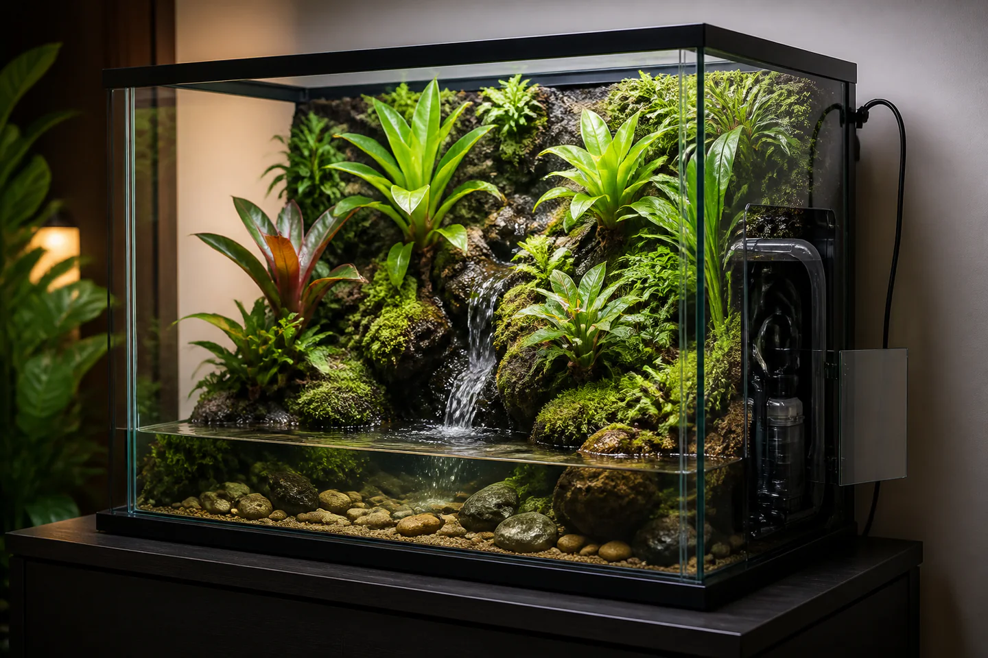 A planted glass paludarium with a shallow clear water section, mossy land shelf, visible hidden-pump access and small tropical plants, no animals, people, text or logos