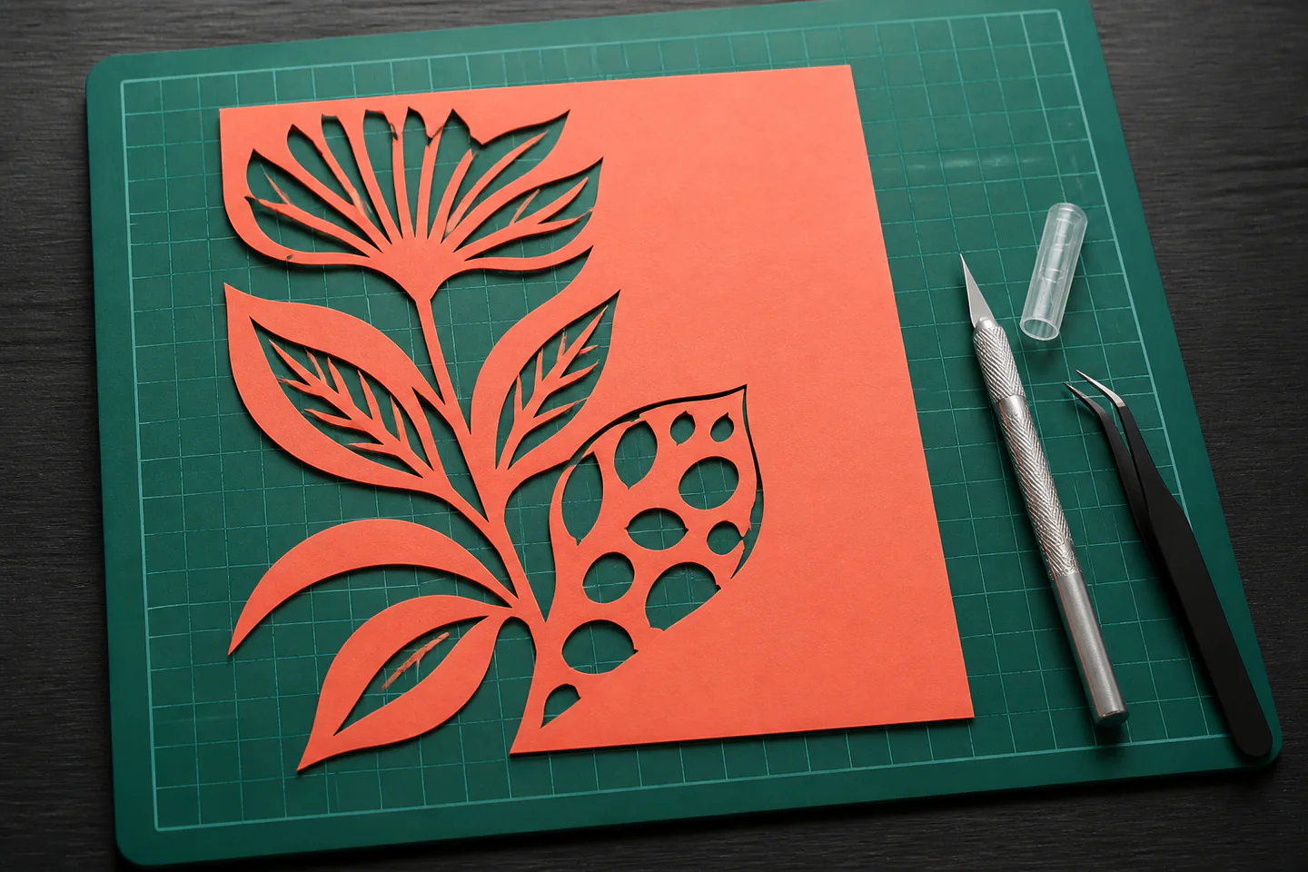 A precise botanical paper-cut stencil on a self-healing mat beside a capped craft knife and small removed shapes