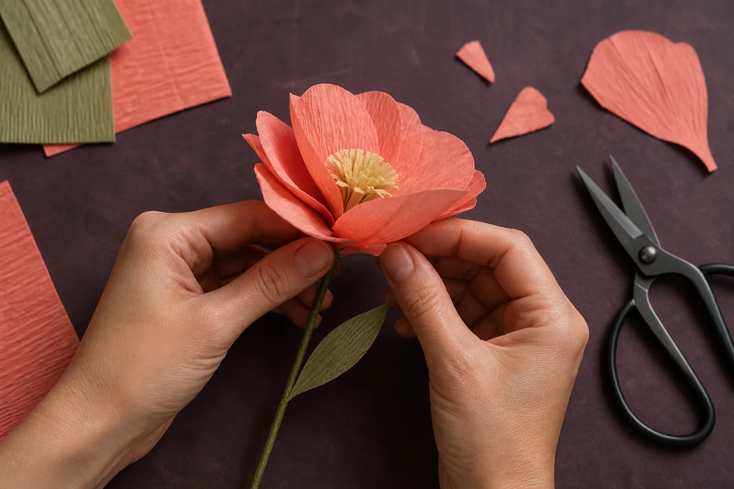Hands shaping coral crepe-paper petals around a wrapped floral-wire stem beside scissors and a simple paper template
