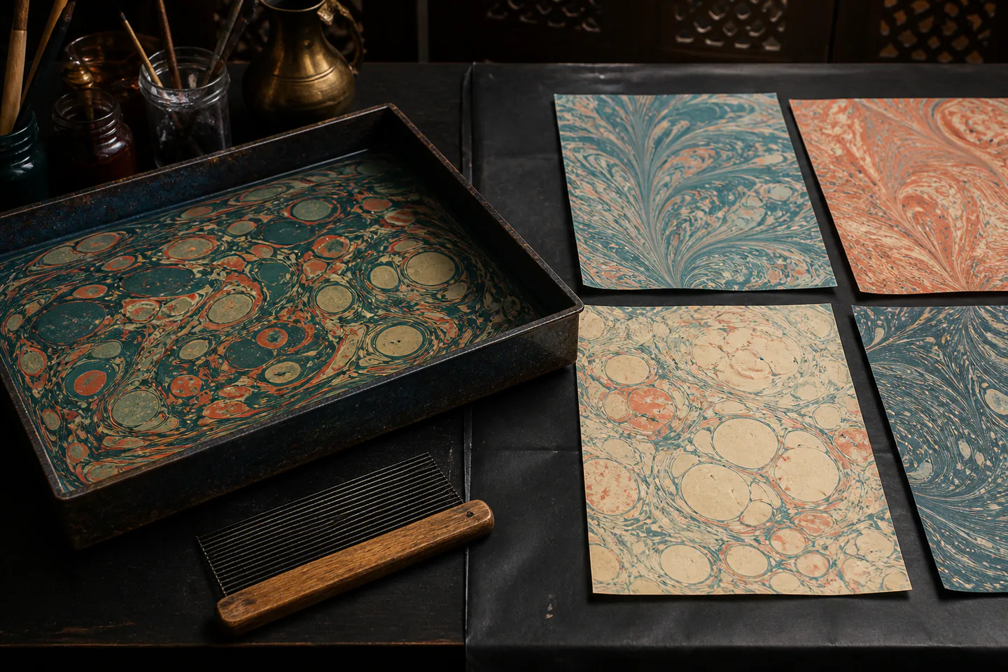 Shallow marbling tray with teal, coral and cream floating swirls beside a comb and several patterned paper sheets on a dark clean table with no text, logos or people