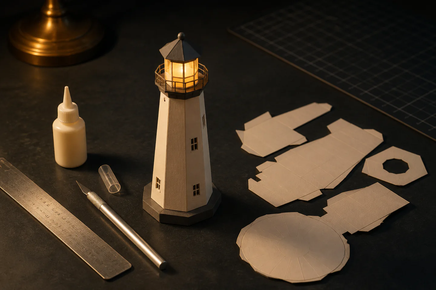 A small finished paper lighthouse model beside neatly cut card parts, a craft knife, metal ruler and glue on a dark craft table, no people, text or logos