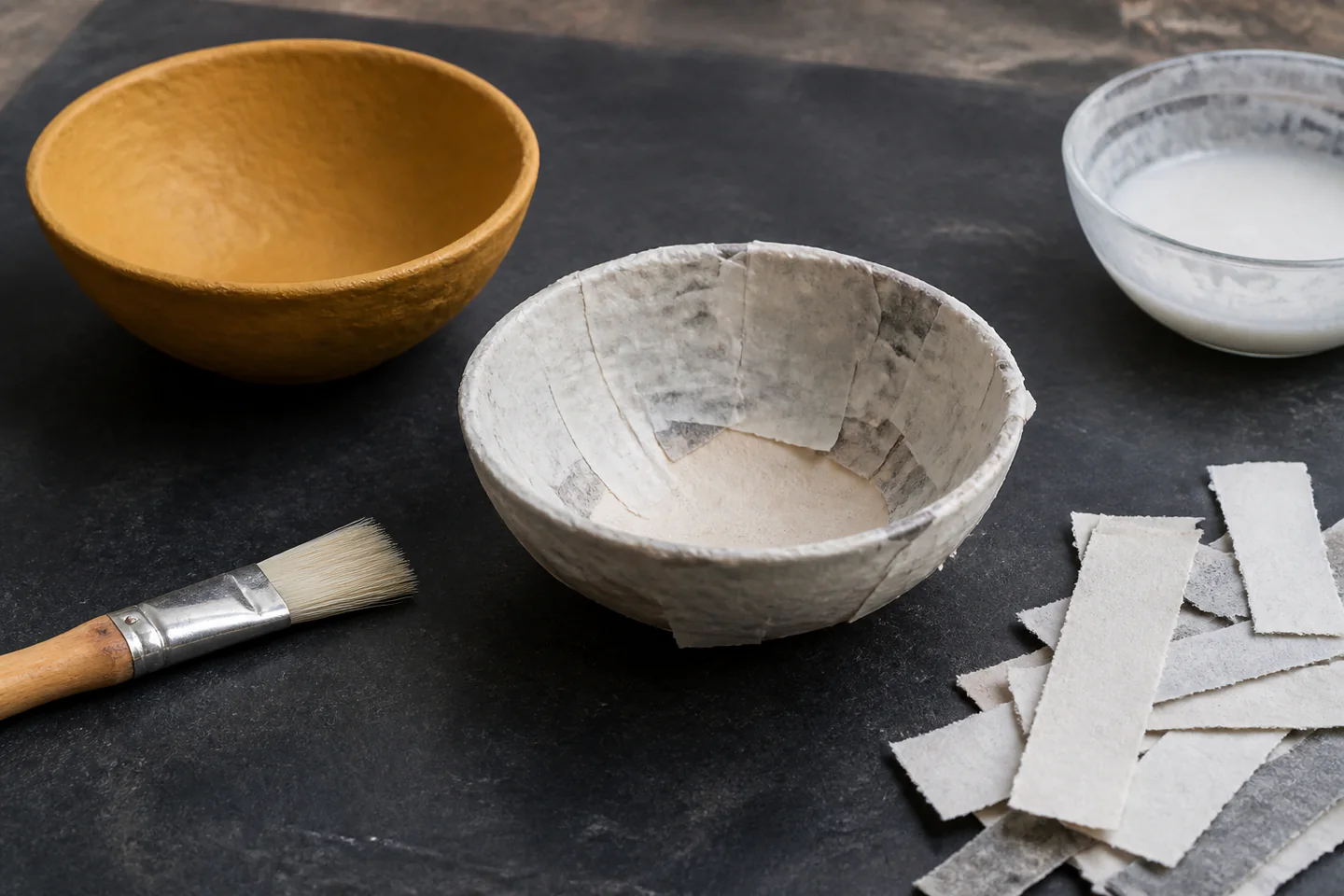 A small unfinished papier-mache bowl with torn paper strips, paste brush and a dry painted example on a protected table