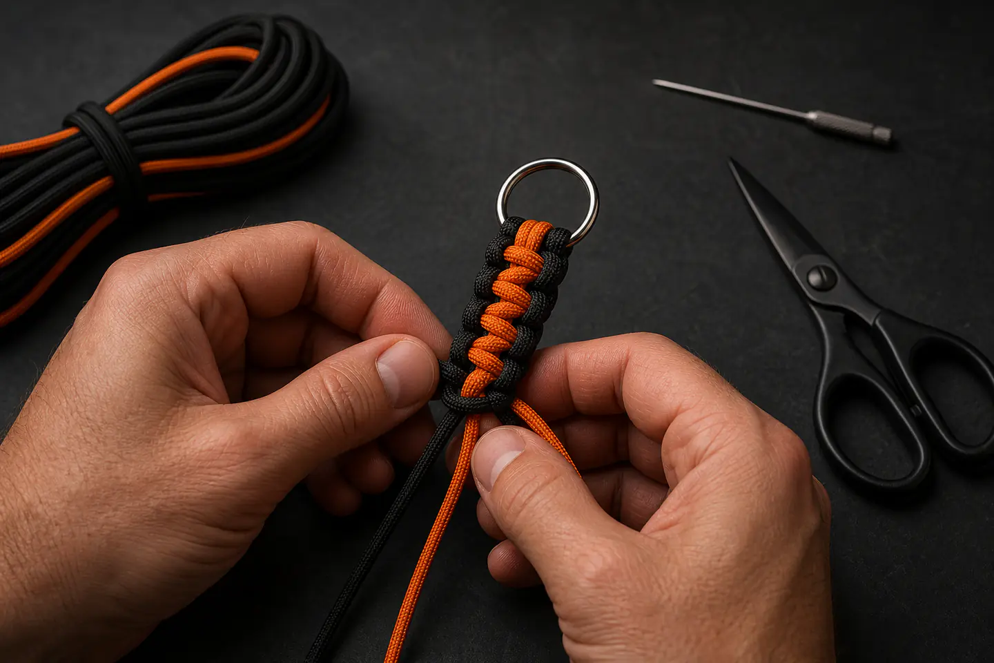 Hands tying an orange and black cobra-knot paracord key fob onto a steel split ring