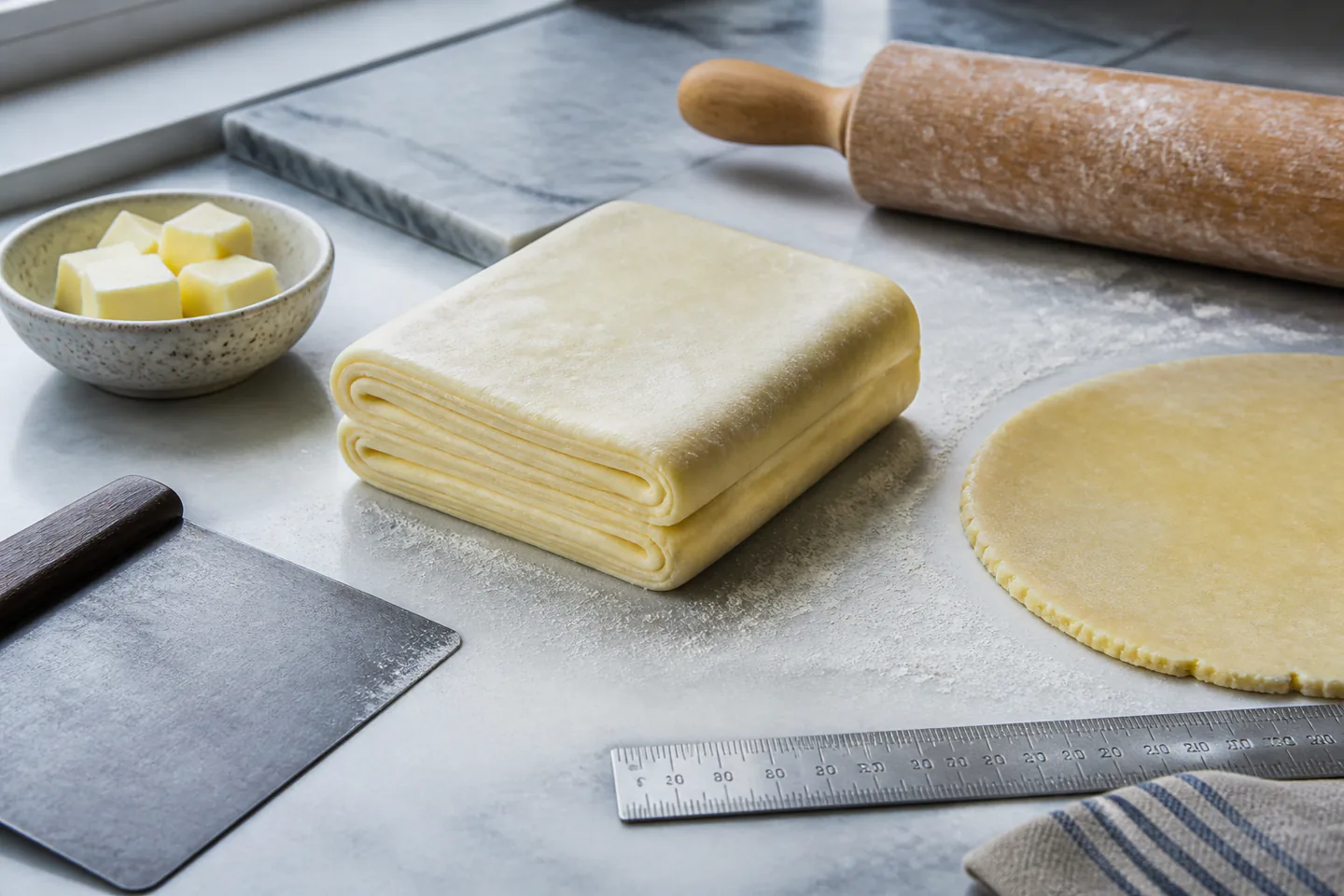 Chilled rough-puff pastry block with visible folds beside a rolled shortcrust round, rolling pin, scraper and small bowl of butter cubes