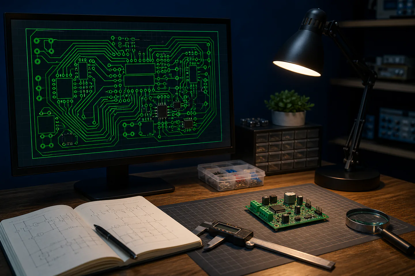 Computer monitor showing an unbranded simple PCB layout beside printed schematic, caliper, breadboard, multimeter and small finished green circuit board