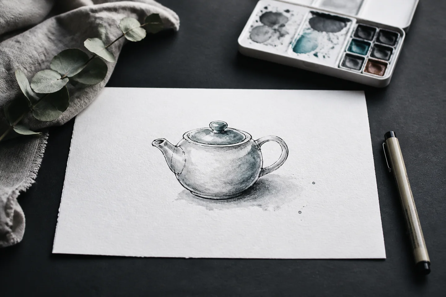 A waterproof fineliner, compact watercolour palette and a loose ink-and-wash sketch of a small teapot on white paper, no people, text or logos