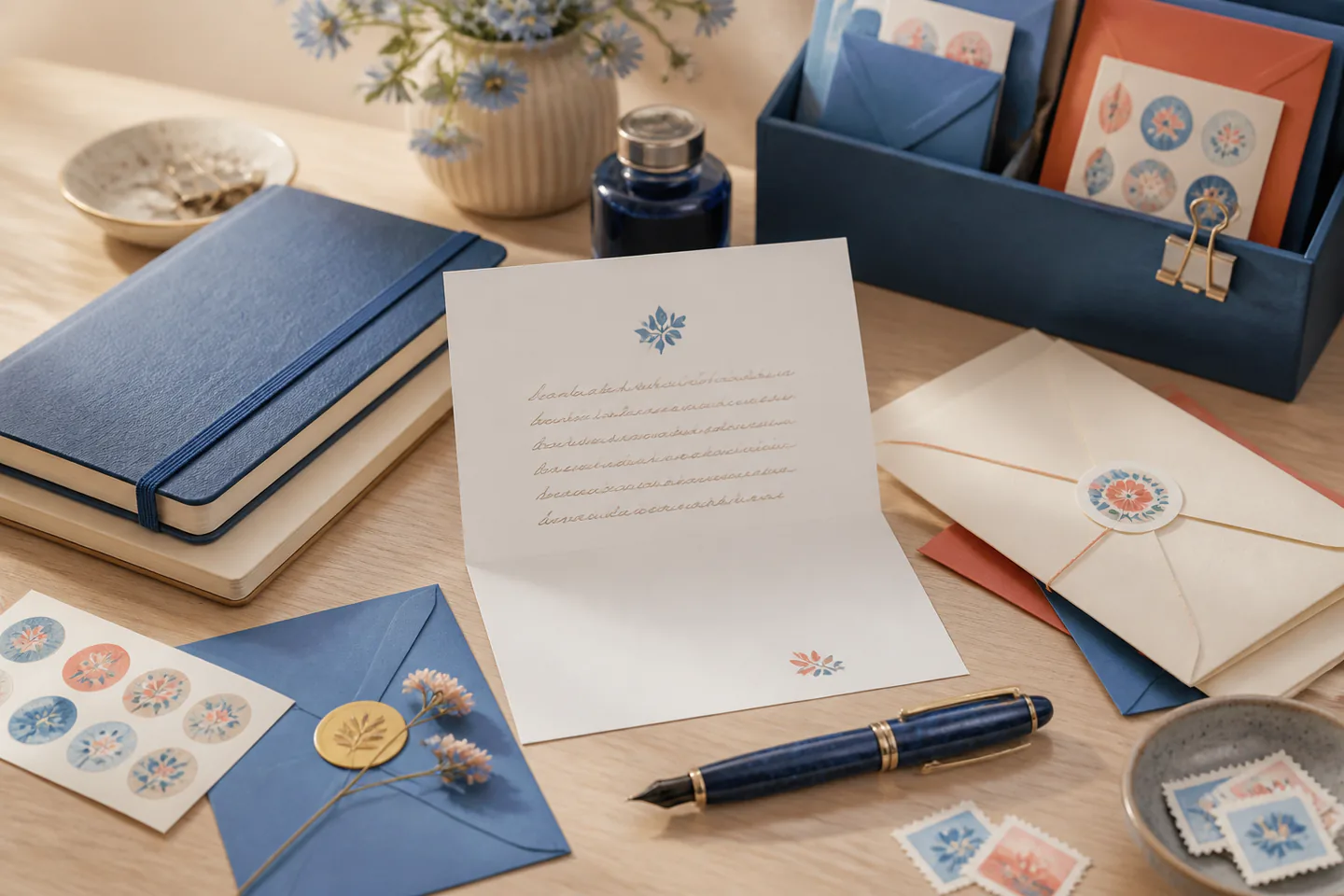 Stationery desk with a folded letter of unreadable lines, capped fountain pen, envelopes, abstract postage stamps and a closed address book