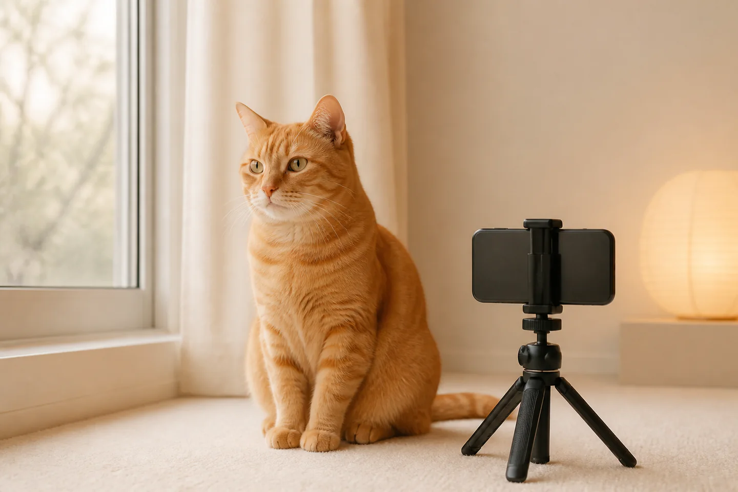 A relaxed ginger cat beside a window with a phone on a small tripod and a plain soft background, no people, text or logos