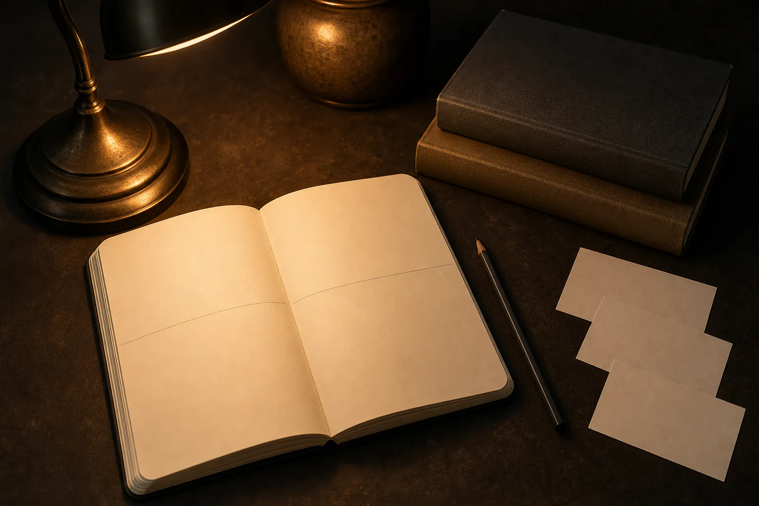 Open journal divided into four blank areas beside two philosophy books, pencil and index cards without visible text