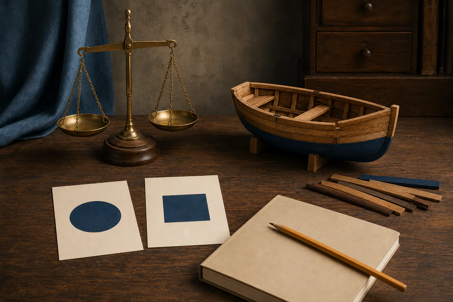 Two blank index cards, a balance scale and open philosophy books arranged as a tabletop reasoning exercise
