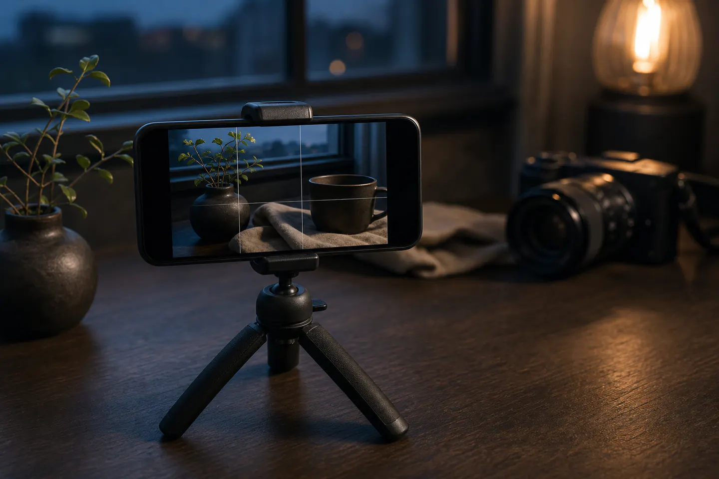 Smartphone on a small tripod framing a mug, plant and folded cloth in window light, with a mirrorless camera resting behind