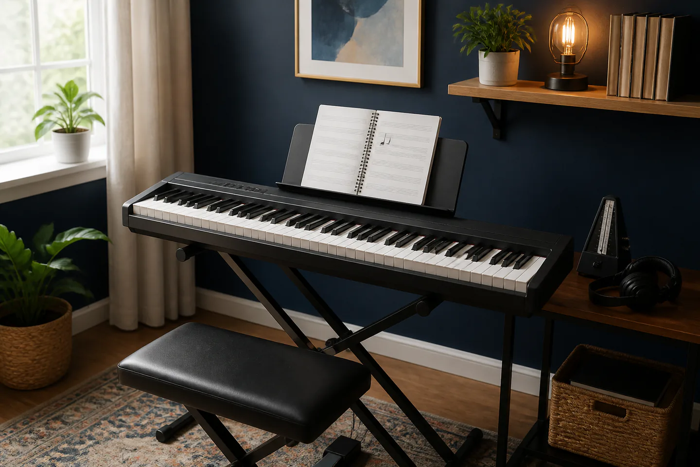 Unbranded touch-sensitive keyboard with adjustable bench, simple blank music stand, metronome and closed headphones in a quiet practice corner