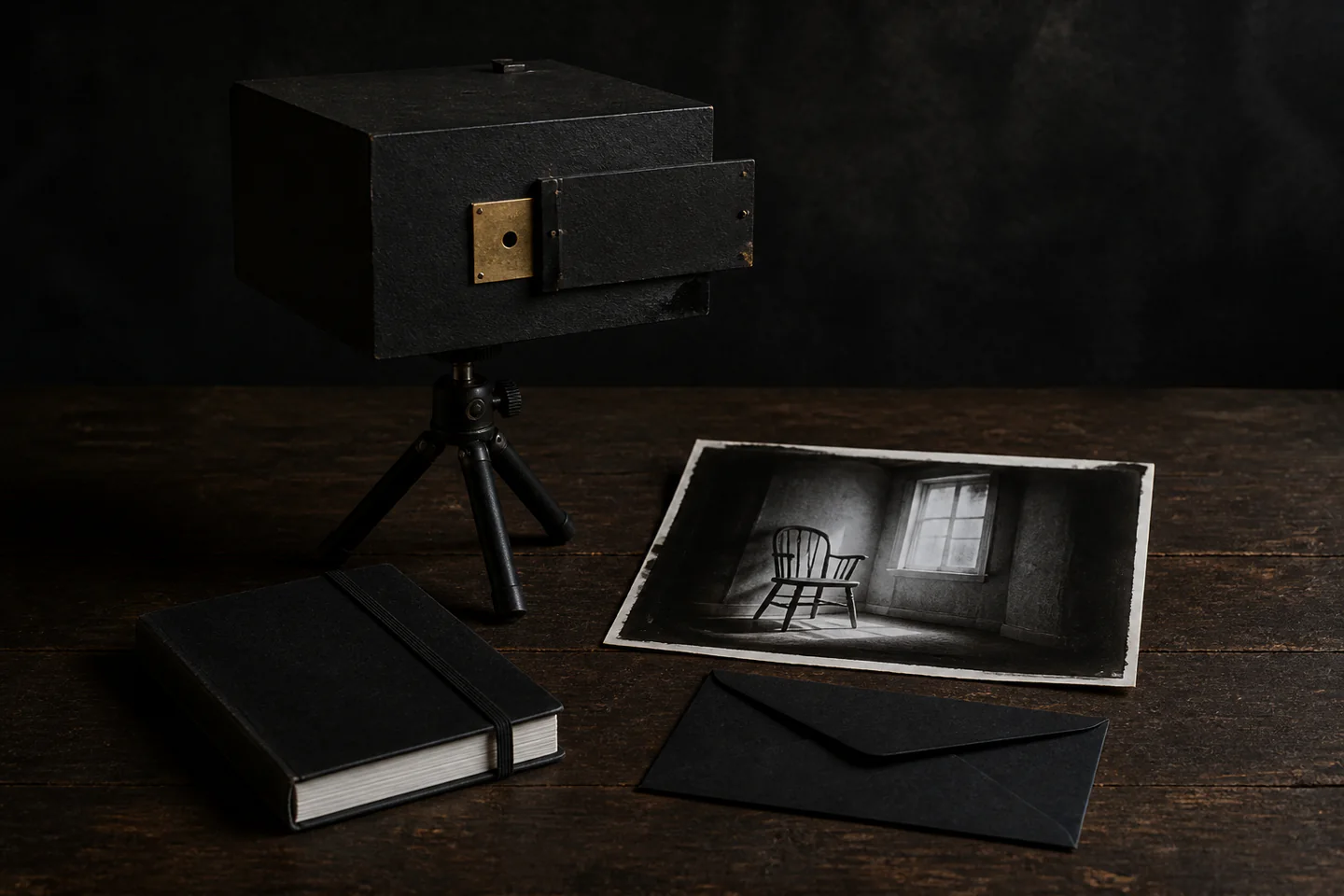 A simple black pinhole camera with a tiny brass aperture plate beside a tripod, exposure notebook and black-and-white paper negative, no people, logos or text