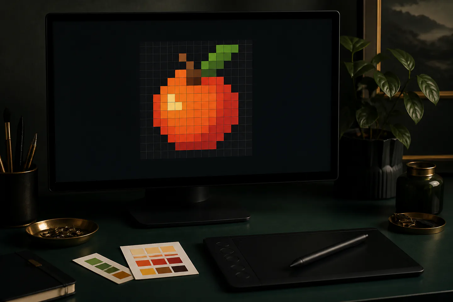 Computer monitor showing a generic 32 by 32 pixel fruit icon beside compact screenless drawing tablet and colour swatches on a dark desk with no readable text, people or logos