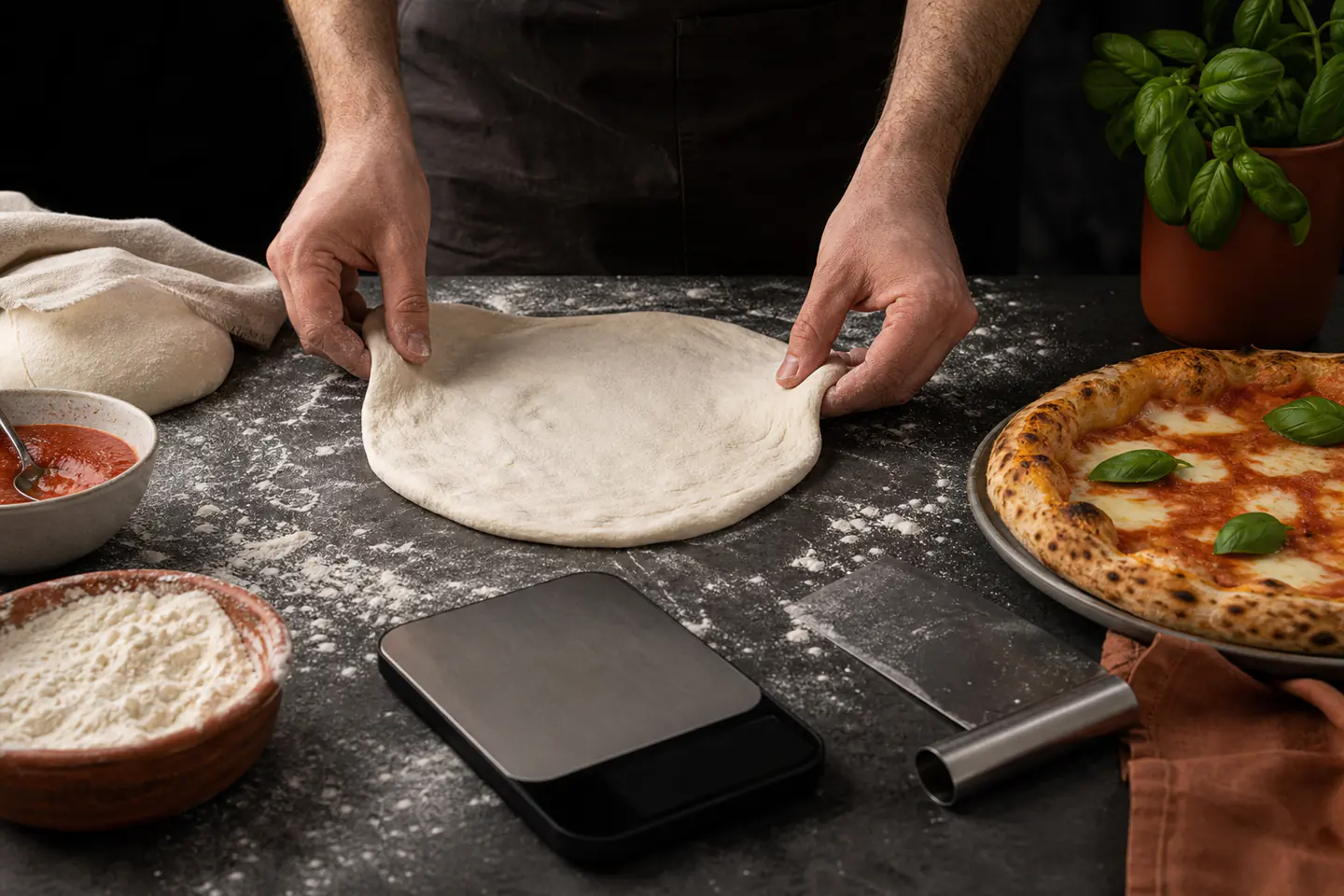 A hand stretching a round of pizza dough on a lightly floured dark work surface beside a digital scale, dough scraper and finished blistered pizza