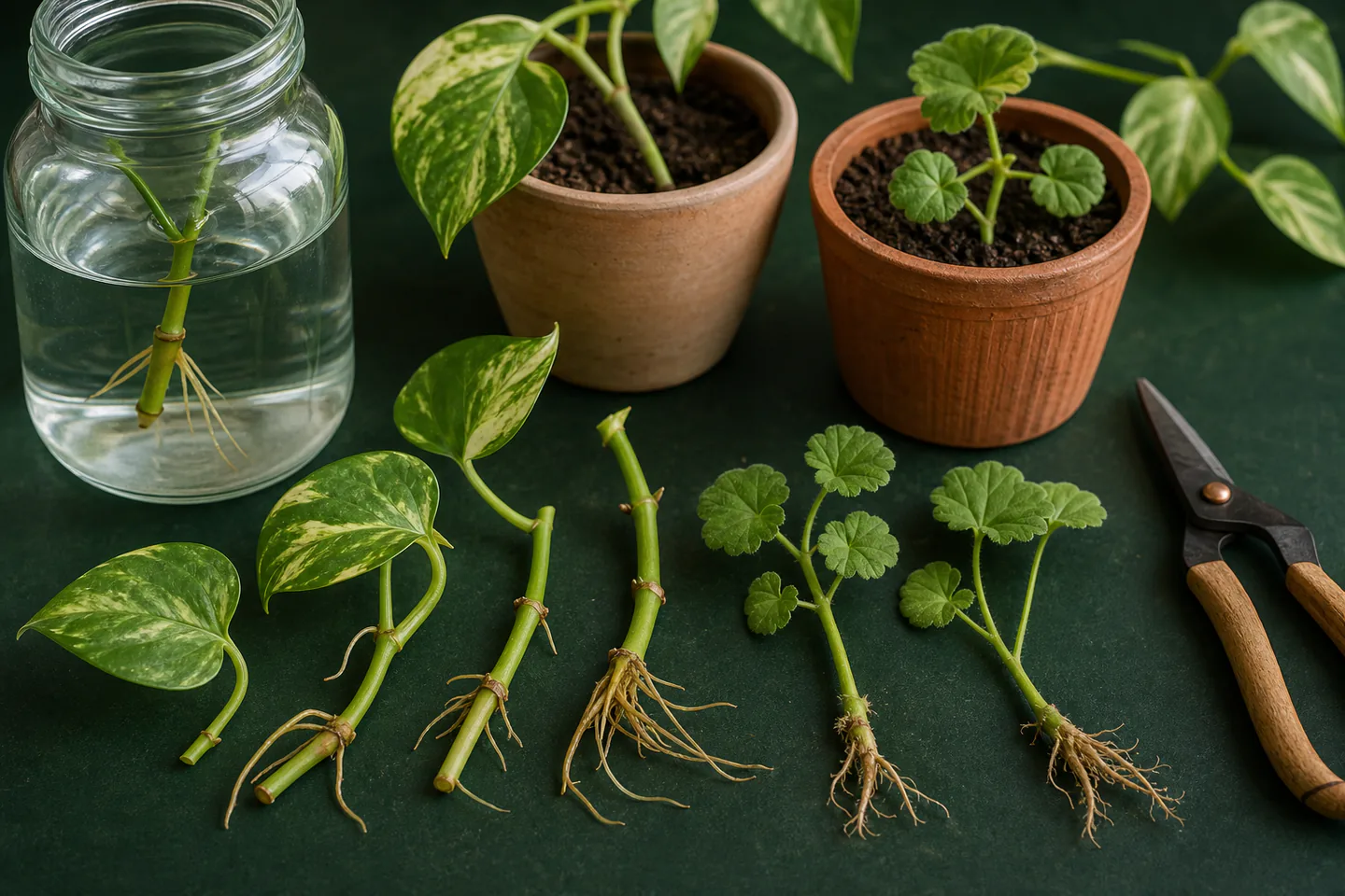 Fresh pothos and pelargonium cuttings beside clean plant snips, a clear water jar and small pots of propagation compost