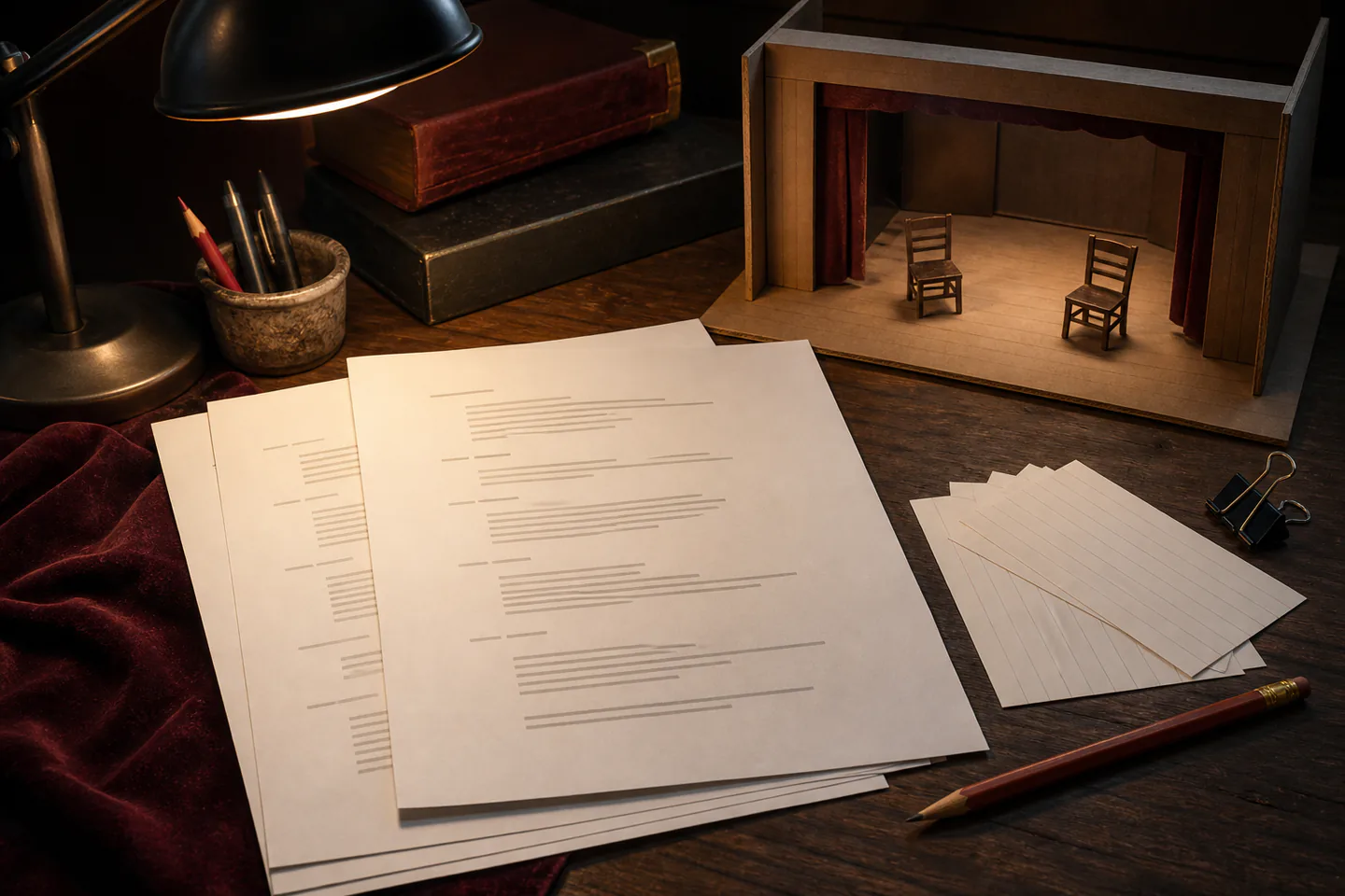 Printed stage-play pages with character names and short dialogue blocks beside index cards, pencil and an empty miniature stage model